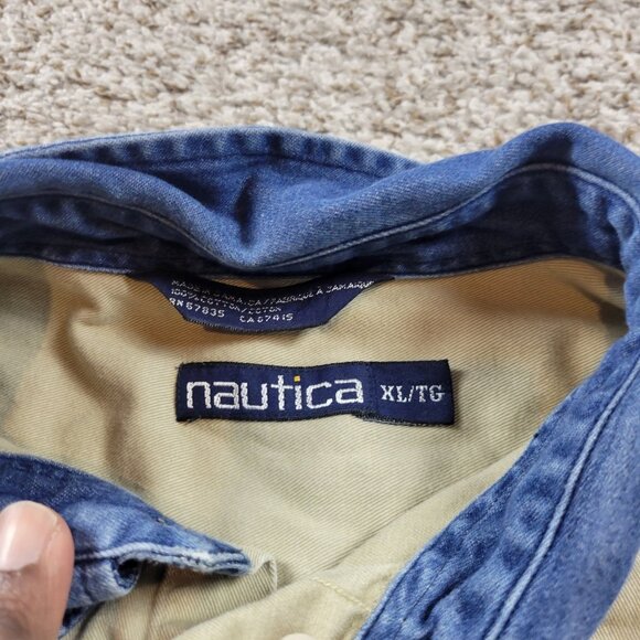 Nautica Shirt Mens XL Beige Oxford Long Sleeve Sailing Crest Denim Collar Retro - Picture 2 of 8